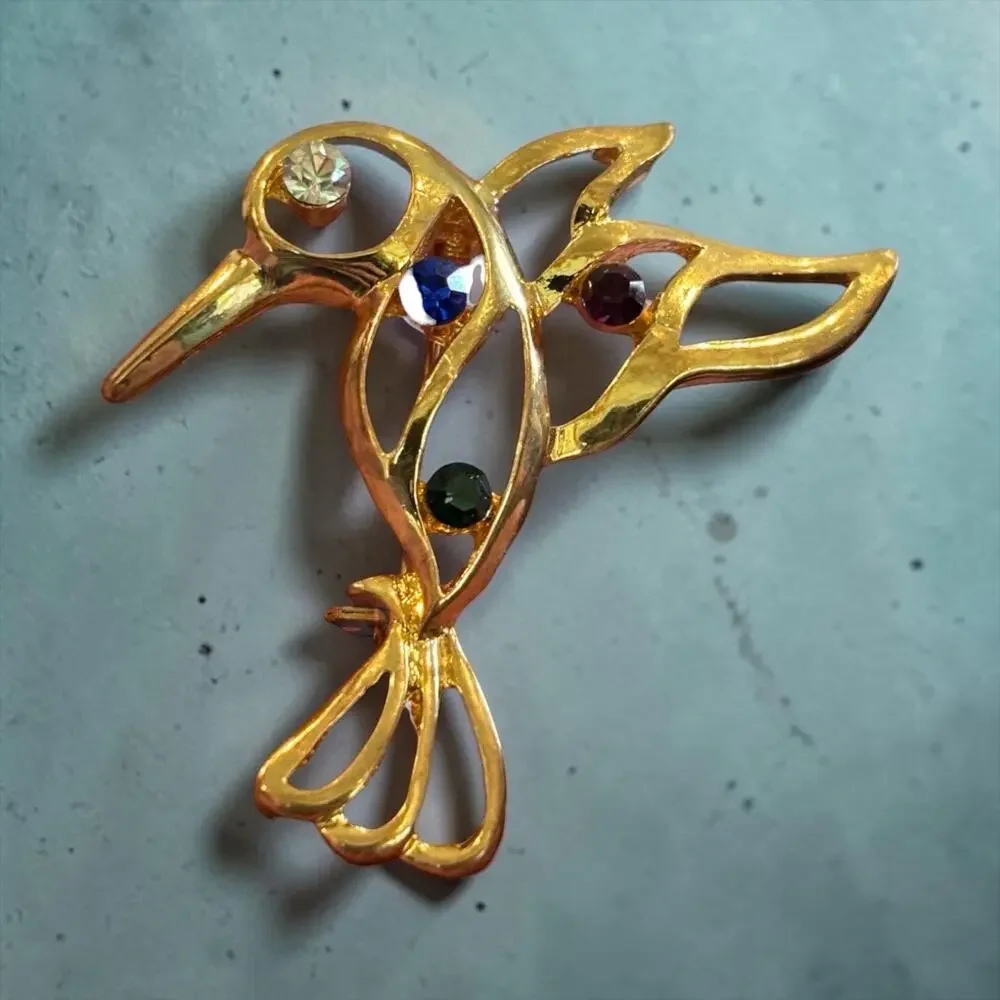 Vintage Abstract Hummingbird Brooch Color Rhinestone Gold Tone Modernist Bird